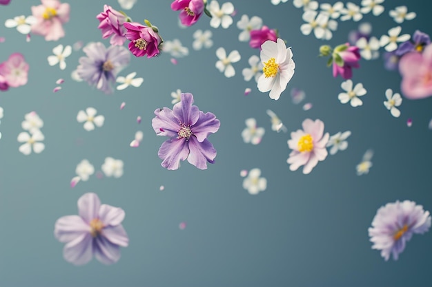 In de lucht zweven willekeurig verschillende bloemen met kopieerruimte