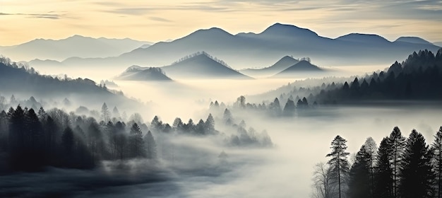 In de mist gehulde bossen Verre bergen in het zwarte