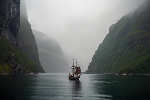 In de mistige fjord vaart een vikingschip langs torenhoge kliffen