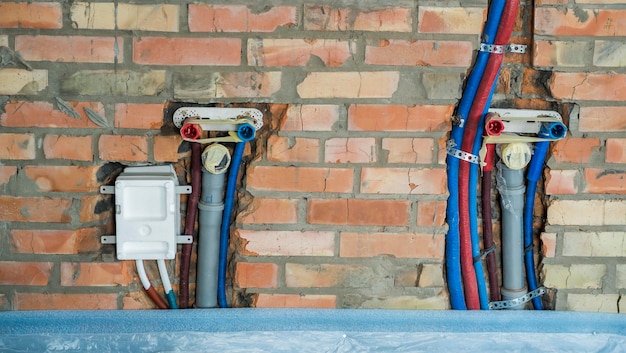 Foto in de muur gemonteerde buizen voor warm- en koudwater en rioolwater