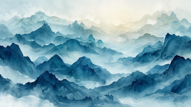 In de ochtend licht abstracte waterverf schilderij van bergketens