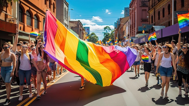 in de parade wordt een regenboogvlag gedragen.