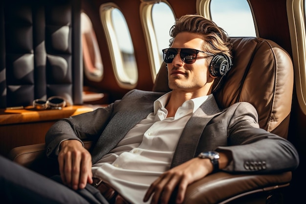 In de schoot van luxe komt een succesvolle knappe zakenman tot rust op zijn privéjet Generatieve AI