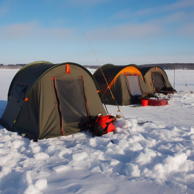 In de sneeuw wordt een tent opgezet met het woord ijs erop.