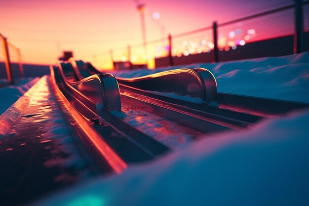 In de sneeuw wordt een treinbaan getoond waar de zon op schijnt.