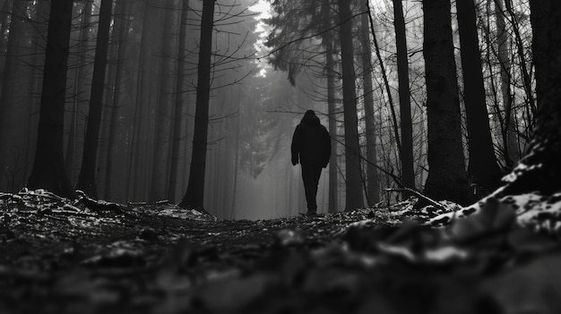 In de stilte van het bos loopt een persoon weg van de camera figuur een louter silhouet tegen