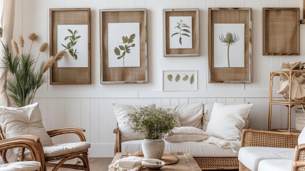 In de tweede afbeelding hangt aan de muur een reeks houten frames met gepresseerde botanische