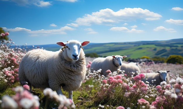 In de vallei graast een kudde schapen. Selectieve zachte focus.