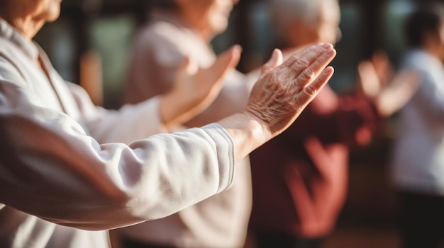 In de vreedzame aura van de ochtend beoefent een groep ouderen Tai Chi in unisono, wat een harmonieus begin van hun dag weerspiegelt.