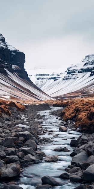 In de winter in IJsland een prachtige kruisverwerkte foto van een stroom en de Rocky Mountains