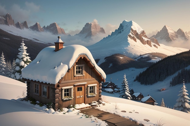 Foto in de winter is het dak van het houten huis aan de voet van de met sneeuw bedekte bergen bedekt met dikke sneeuw