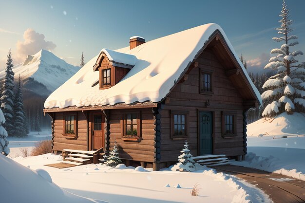In de winter is het dak van het houten huis aan de voet van met sneeuw bedekte bergen bedekt met dikke sneeuw