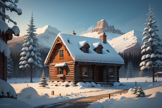 In de winter is het dak van het houten huis aan de voet van met sneeuw bedekte bergen bedekt met dikke sneeuw
