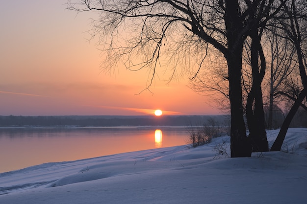 in de winter kwam de zon boven de horizon de oever van de rivier de ob is bedekt met blauwe sneeuwbanken