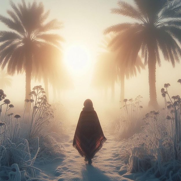 In de winter ochtend een jonger meisje lopen in de mist met een sjaal gecreëerd met behulp van gegenereerde AI tools