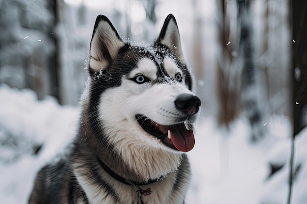 In de winter stak een Husky zijn tong in de sneeuw