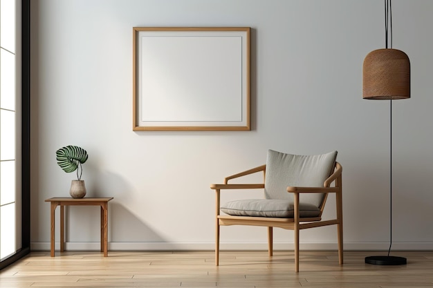 In de woonkamer een stoel een houten tafel en een leeg frame