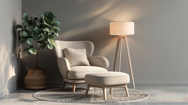 In de woonkamer een witte fauteuil met kussen een gloeiende lamp een ottomaanse en rond tapijt zitten op de vloer tegen een grijze muur achtergrond met een eenvoudig Scandinavisch ontwerp