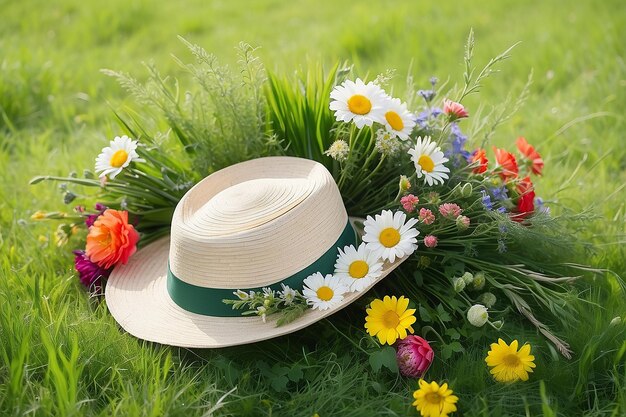 In de zomer liggen een hoed en een boeket bloemen op een groen weide gras.