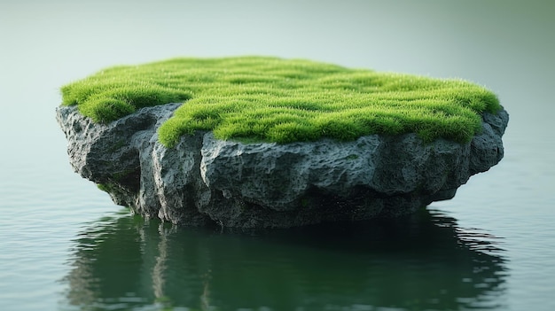 In deze 3D-illustratie wordt een vliegend paradijs rots drijvend eiland met een groen grasveld getoond geïsoleerd op een abstracte witte achtergrond de rots drijft op gras grasveld met een leeg veld in