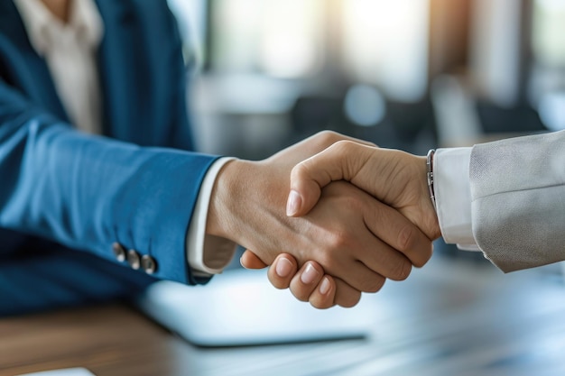 In deze close-up foto nemen twee individuen een handdruk uit om een wederzijdse overeenkomst uit te drukken of te begroeten Mannelijke en vrouwelijke collega's die handen schudden na het onderhandelen over een contract AI gegenereerd