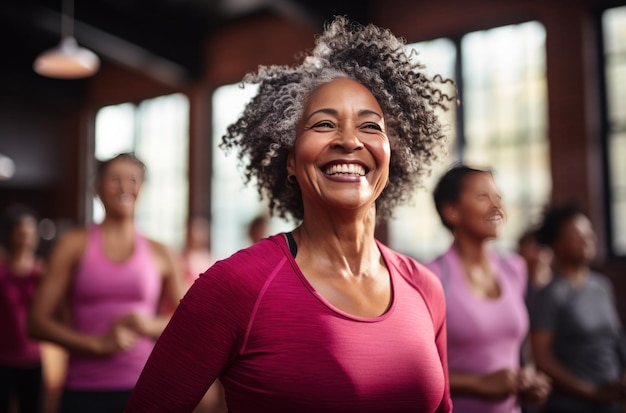 In deze fitnessklas dansen oudere vrouwen in een yogastudio.