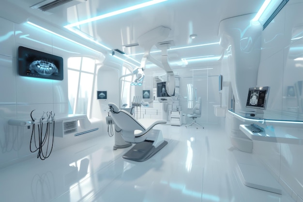 In deze futuristische tandheelkundige praktijk heerst een slanke en moderne esthetiek met witte muren en accenten