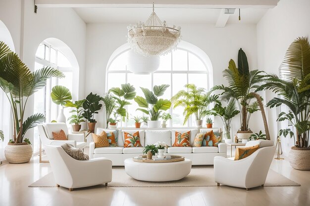 In deze grote witte kamer staan banken, ruime witte stoelen en tropische decoraties