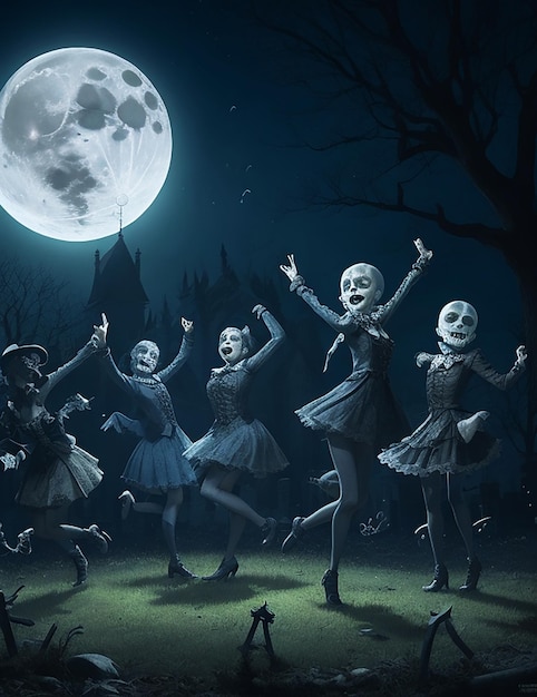 In deze horror scène dansen drie skeletten in het maanlicht terwijl een vierde luit speelt.