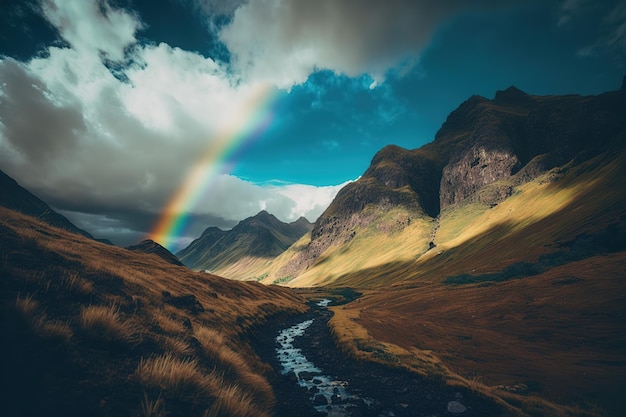 In deze verticale afbeelding verschijnt een regenboog in een mistige alpenvallei