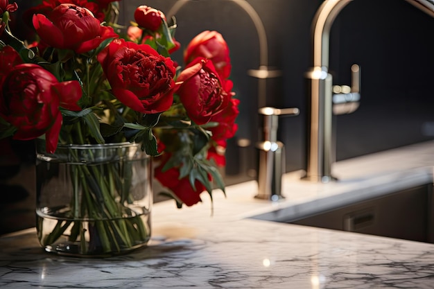 In dit close-upbeeld van een keuken is er een slanke roestvrij staalkraan en gootsteen luxueuze m