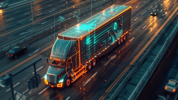 Foto in dit innovatieve hightech concept wordt een grote semi-truck met een vrachttrailer getransformeerd met graphics en speciale effecten in een futuristische autonome truck.