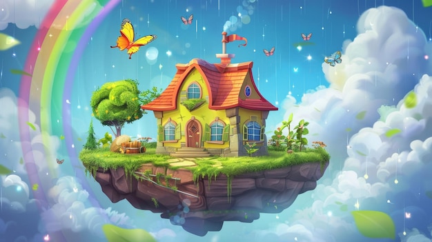 In dit sprookjeshuis in de lucht is er een regenboog vlinders en glinsterende deeltjes overal rond dit is een moderne illustratie van een sprookjes huis vliegen op een magisch eiland in de lucht