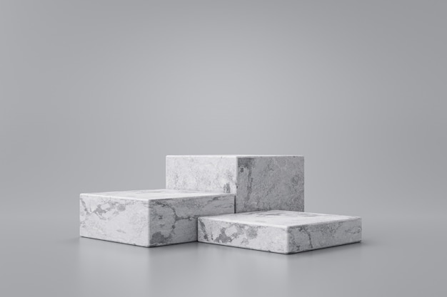 In drie stappen van witte marmeren productvertoning op grijze achtergrond met moderne achtergrondenstudio. Leeg voetstuk of podiumplatform. 3D-weergave.