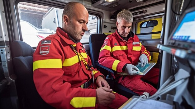 Foto in een ambulance doen paramedici cardiopulmonale reanimatie met behulp van generative ai