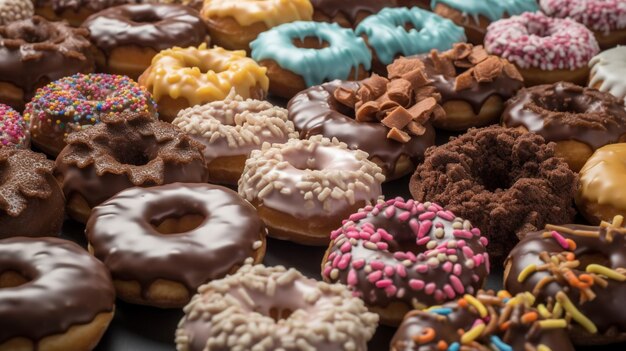 In een bakkerij is een verscheidenheid aan donuts te zien.