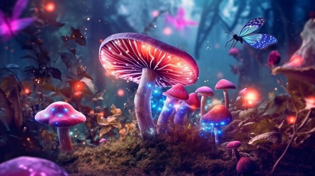 In een betoverd sprookje magische paddenstoelen Generatieve AI en een fantastisch sprookjesbos met roze bloemen