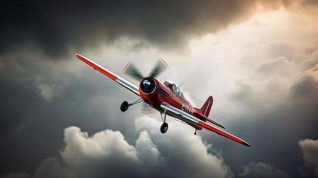 In een bewolkte lucht voert een licht sportvliegtuig kunstvliegtrucs uit The Generative AI