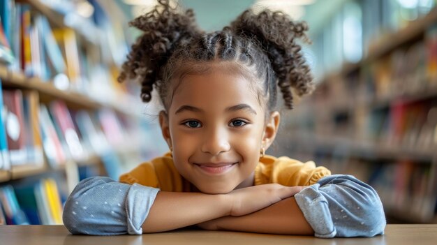 Foto in een bibliotheek lezen jonge kinderen een boek met een volwassene