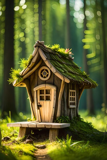 Foto in een bos staat een huisje met een bemost dak.