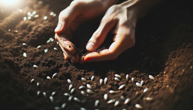 In een close-up begraven handen teder zaden in de vochtige aarde, wat een nieuw begin symboliseert terwijl de lente nadert