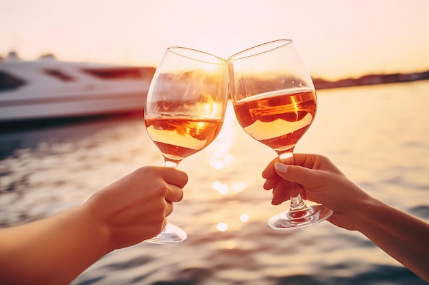 In een close-up proosten vrienden met mousserende wijnglazen op een jacht bij zonsondergang