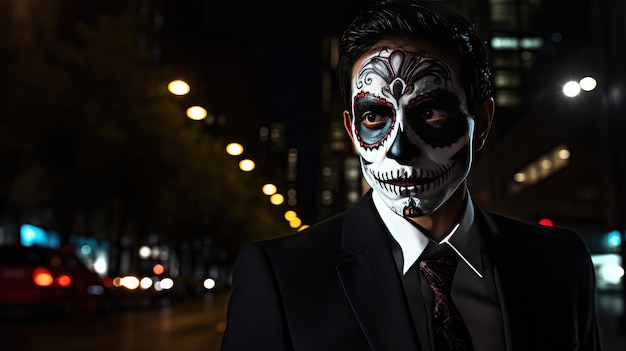 In een donker jasje en met een geschilderd gezicht een afbeelding voor Halloween of Day of the Dead Genative AI