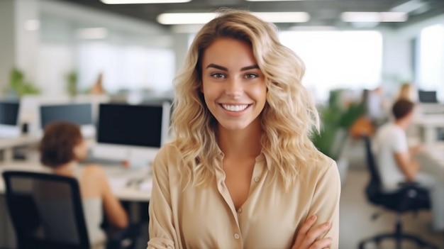 In een eigentijds kantoor wordt een jonge, aantrekkelijke vrouw grijnzend naar de camera Generative AI gezien
