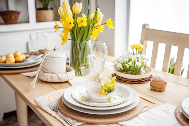 In een fleurige aprilkeuken staat een paastafel met lentebloemen gedekt