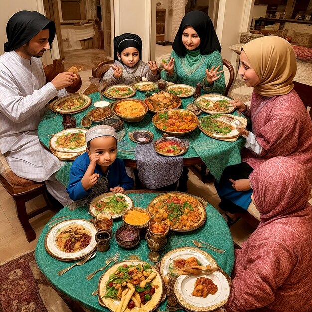 In een gezellig huis zit een moslimfamilie rond de eettafel en deelt AI_Generated.