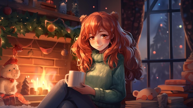 In een gezellige woonkamer zit een schattig anime meisje met helderrood haar en groene ogen bij de open haard met een gezellige trui en een kop warme cacao in de hand