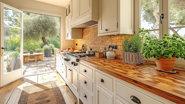 In een gezinswoning een luxe moderne keuken inclusief witte kasten en een houten aanrechtblad