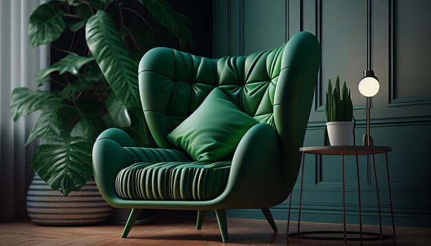 In een groene woonkamer een fauteuil