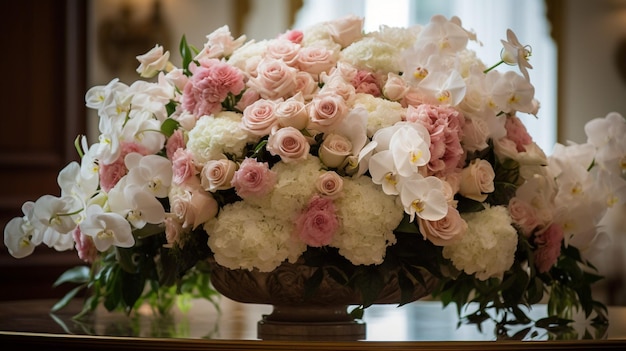 In een grote urn ligt een groot bloemstuk met witte en roze bloemen uitgestald.